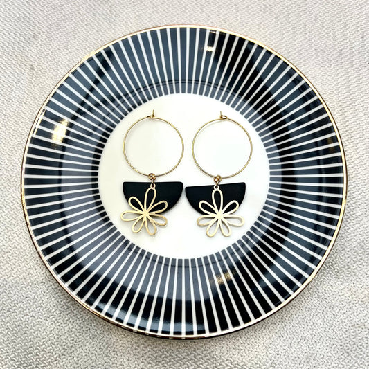 Flora Black Flower Charm Hoop Earring