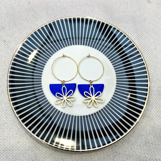 Flora Blue Flower Charm Hoop Earring