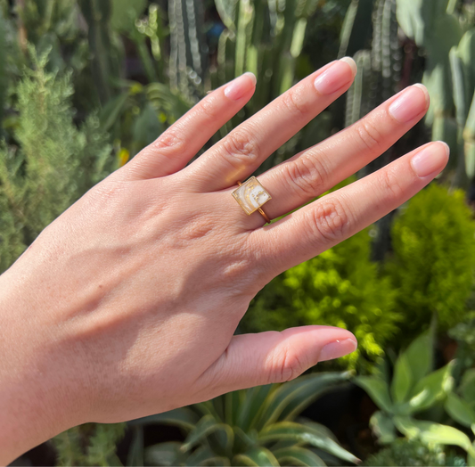 Square White, Pearl and Gold Adjustable Ring