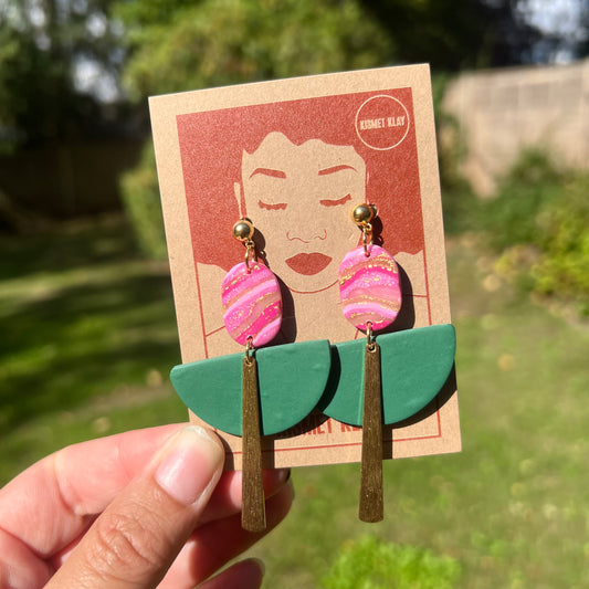 Flame Green and Pink Art Deco Ball Stud Earring