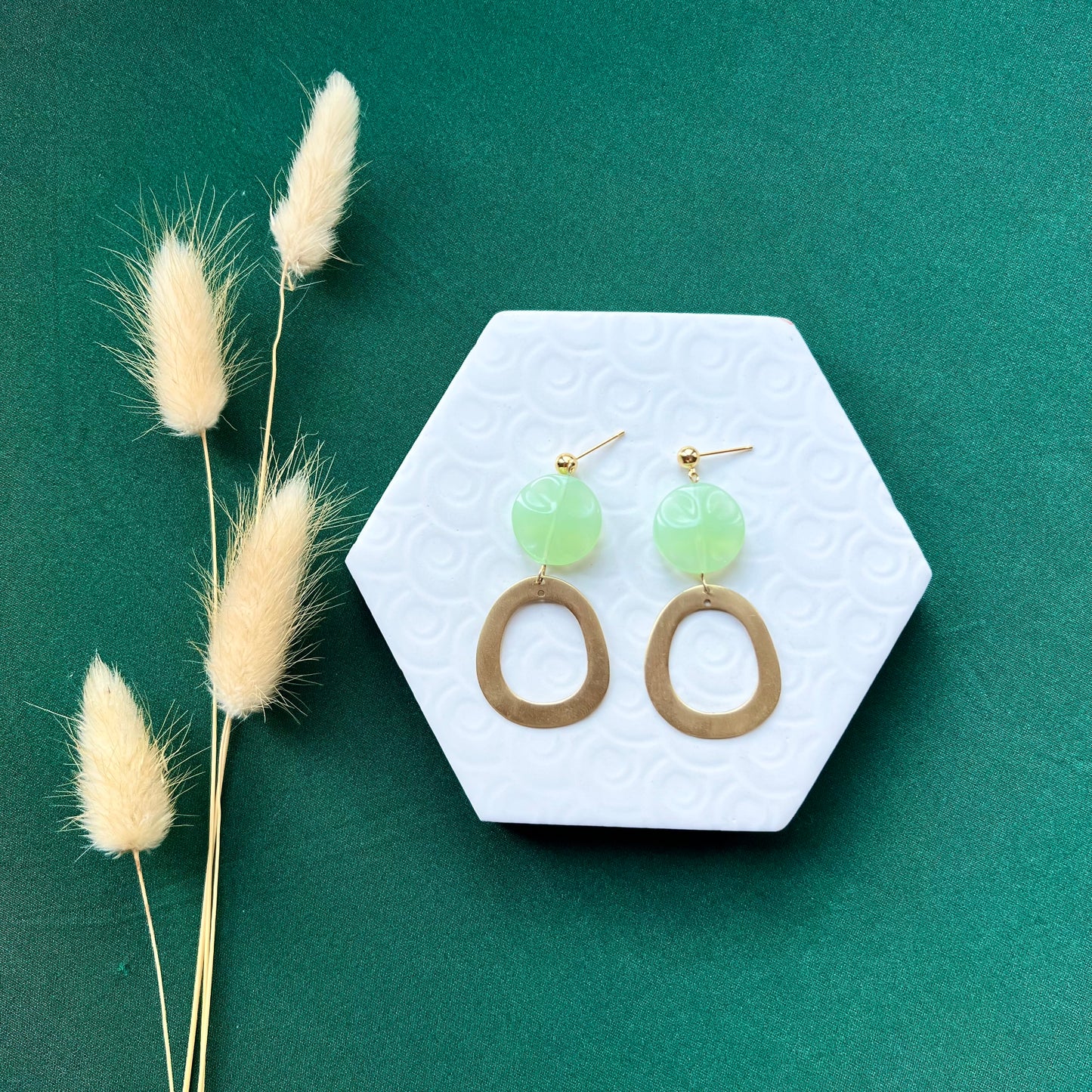 Cleo Mint Bead with Brass Gold Hoop Earring