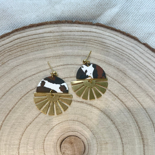 Indie Cow Print Brass Half Sun Charm Ball Stud Earring