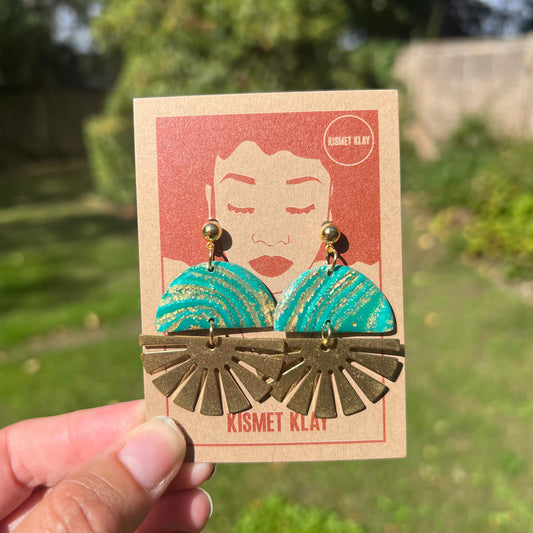 Indie Teal Metallic Brass Half Sun Charm Ball Stud Earring