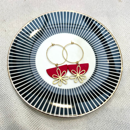 Flora Red Flower Charm Hoop Earring