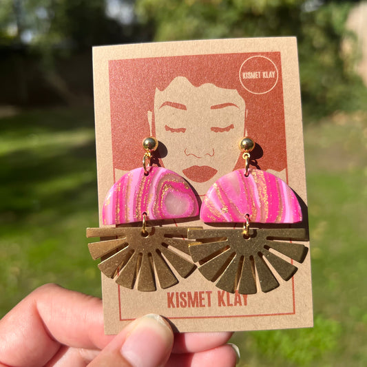 Indie Pink Metallic Brass Half Sun Charm Ball Stud Earring