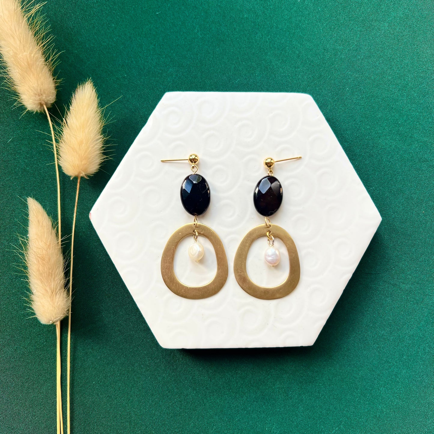 Cleo Black Bead and Pearl with Brass Gold Hoop Earring