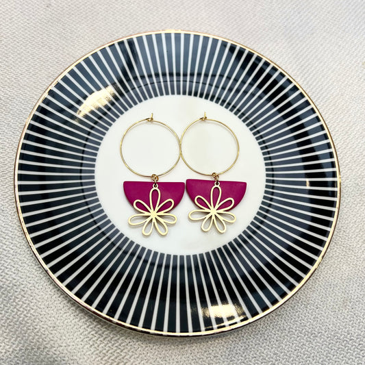 Flora Pink Flower Charm Hoop Earring