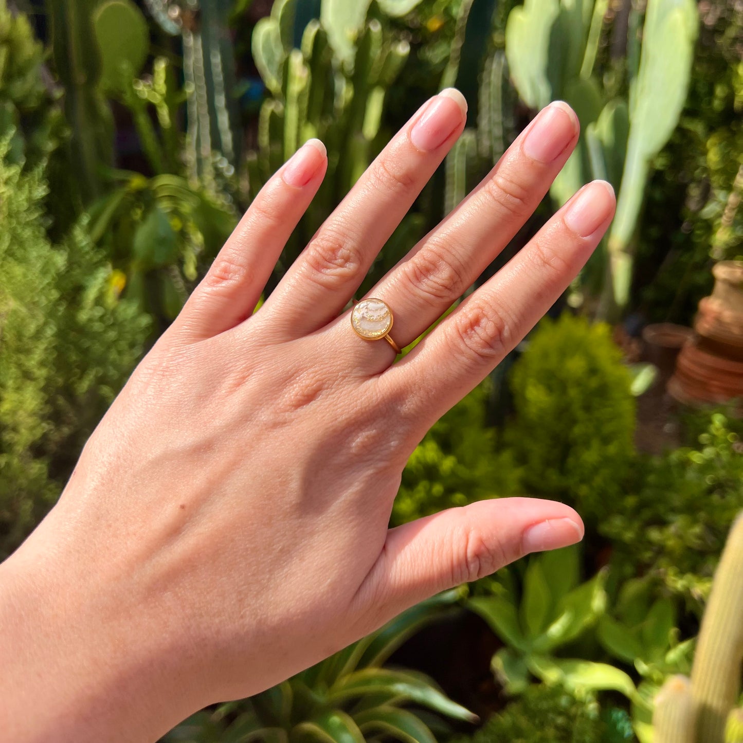 Round White, Pearl and Gold Adjustable Ring