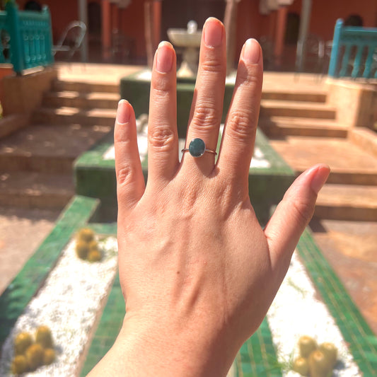 Oval Dark Teal and Silver Adjustable Ring