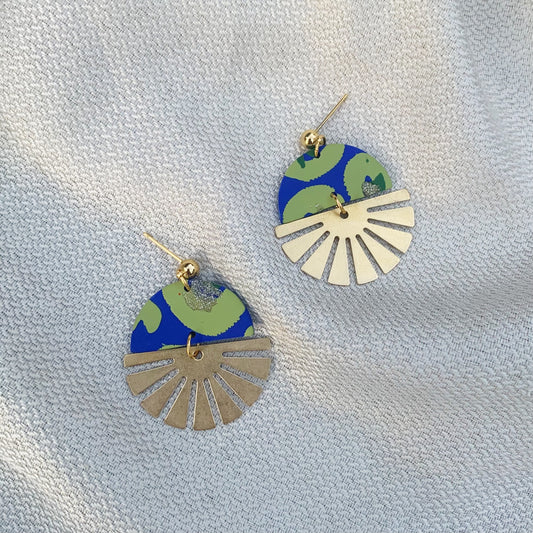 Indie Blue & Green Brass Half Sun Charm Ball Stud Earring
