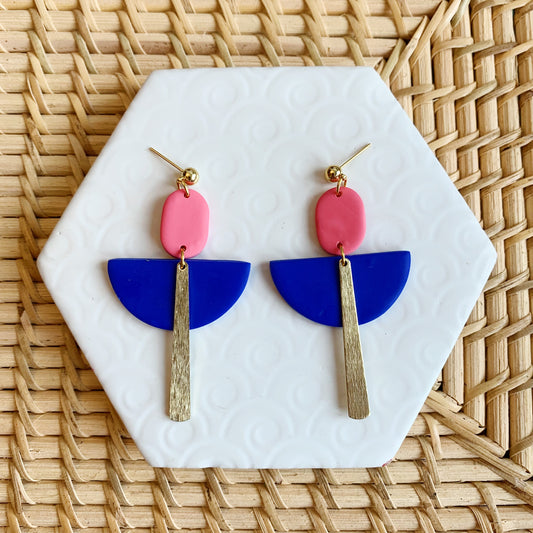 Flame Pink and Blue Art Deco Ball Stud Earring