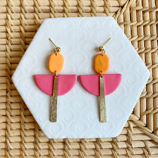 Flame Orange and Pink Art Deco Ball Stud Earring