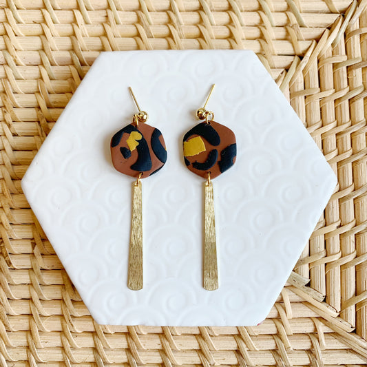 Lola Leopard Clay Diamond With Long Brass Charm Ball Stud Earring