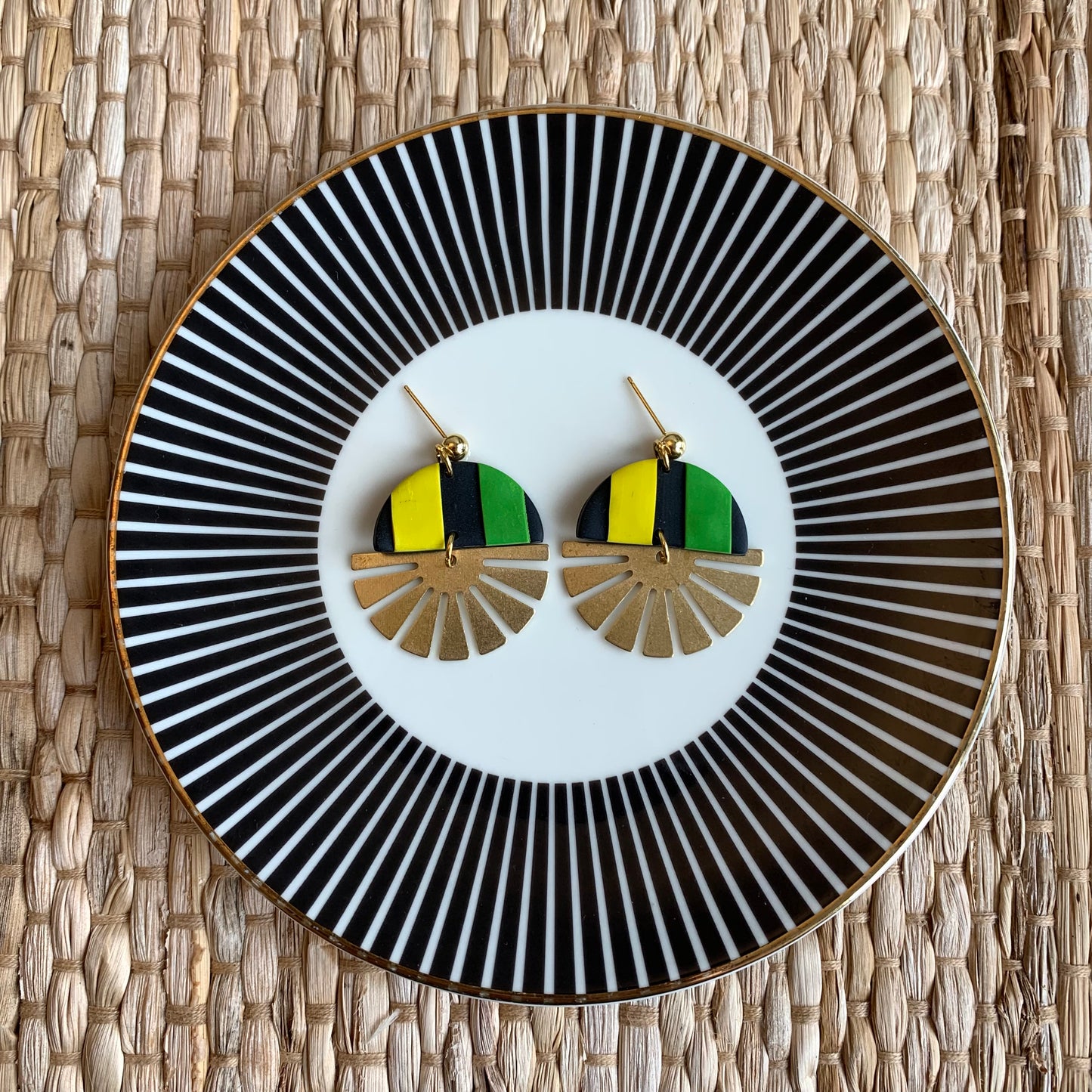 Indie Jamaican Flag Brass Half Sun Charm Ball Stud Earring