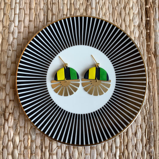 Indie Jamaican Flag Brass Half Sun Charm Ball Stud Earring