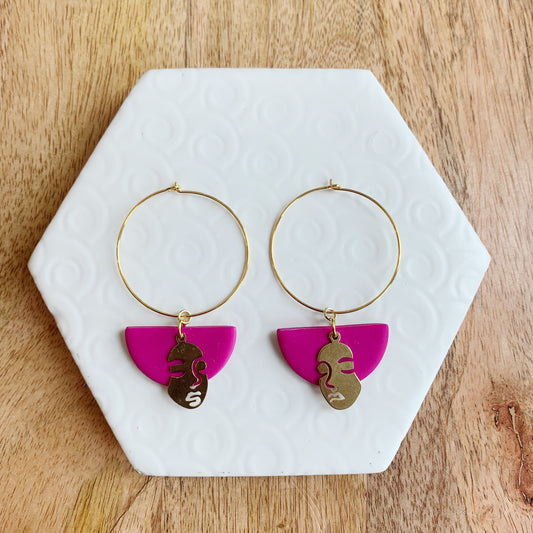 Angelica Pink Brass Face Charm Hoop Earring