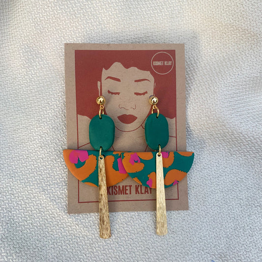 Flame Teal & Orange Art Deco Ball Stud Earring