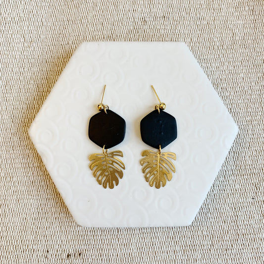 Tania Black Clay Diamond With Mini Leaf Charm Ball Stud Earring