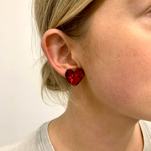 Red Glitter Heart Stud Earring