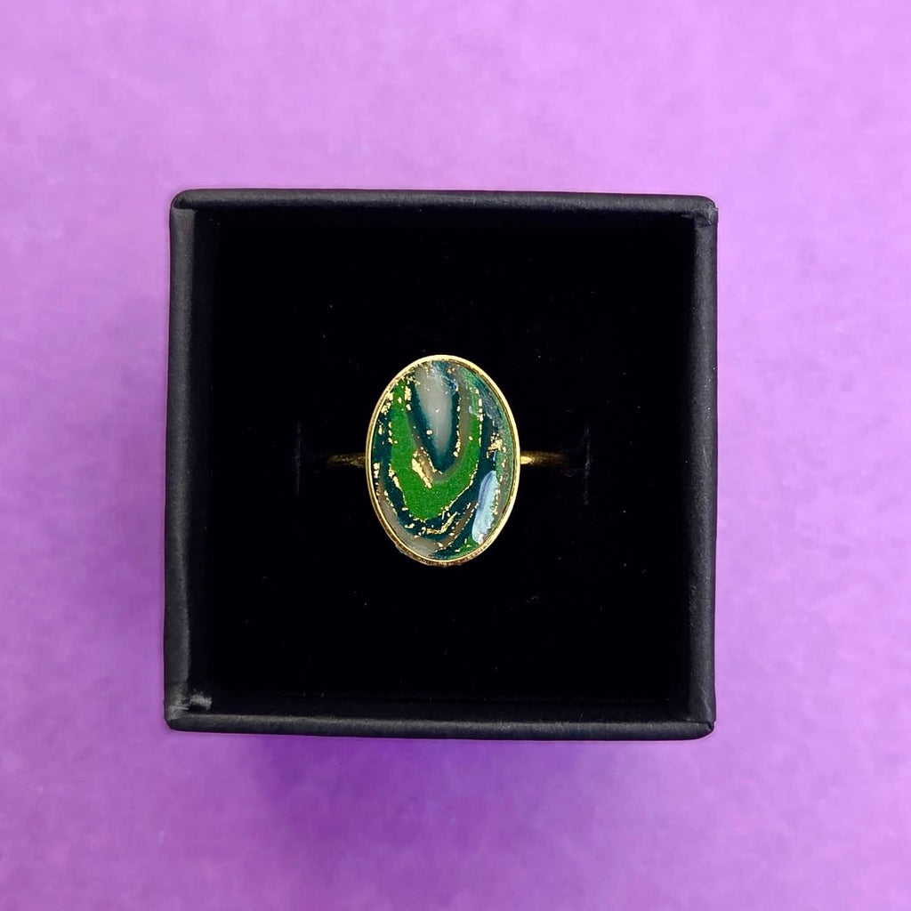 Green Mix Faux Stone Gold Plated Adjustable Ring