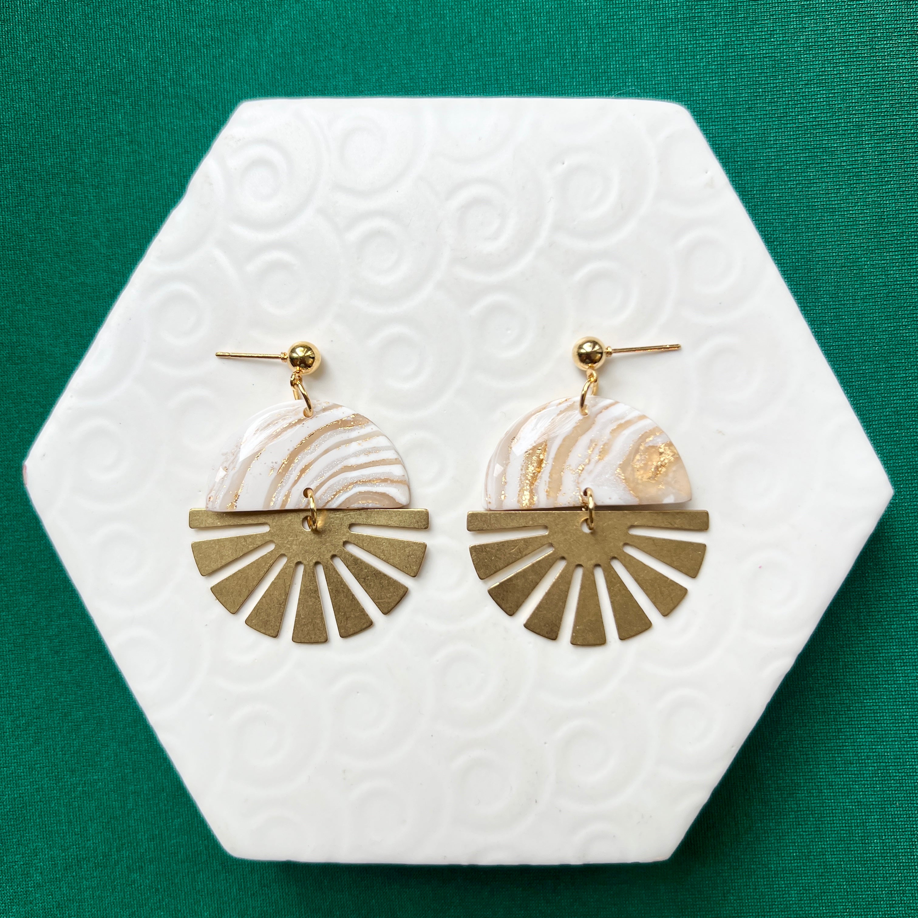 Indie Gold & White Stone Brass Half Sun Charm Ball Stud Earring