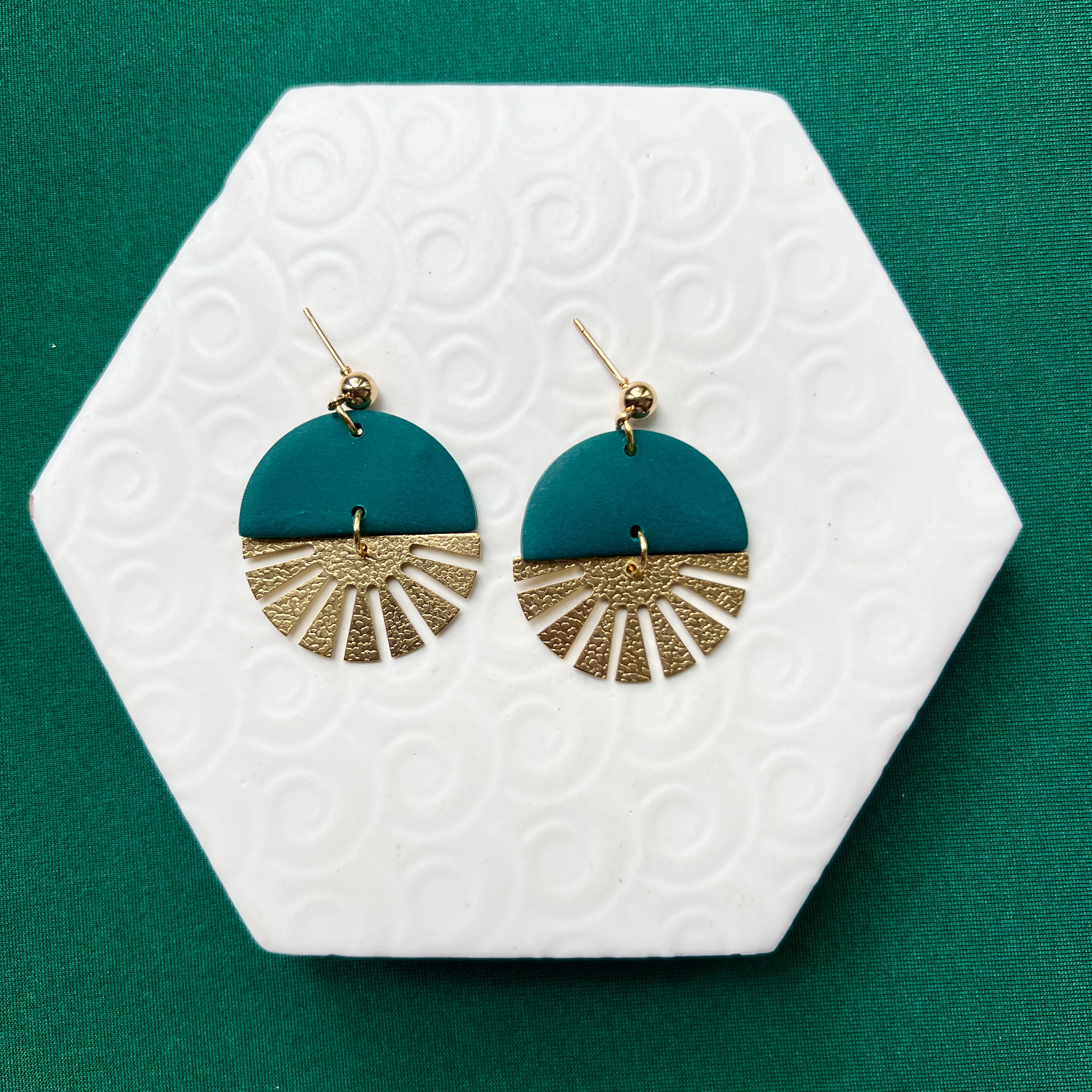 Indie Dark Teal Brass Half Sun Charm Ball Stud Earring