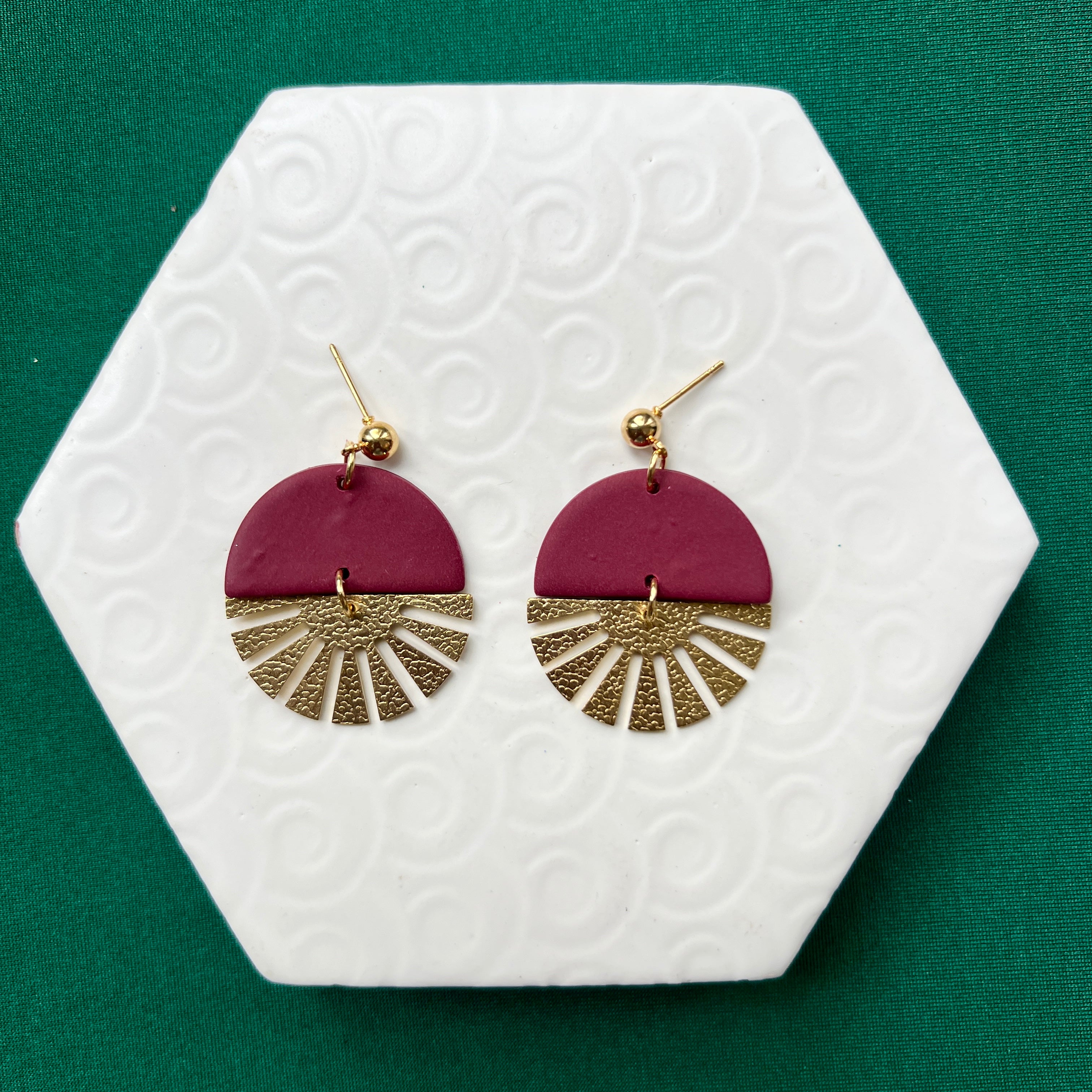 Indie Burgundy Brass Half Sun Charm Ball Stud Earring