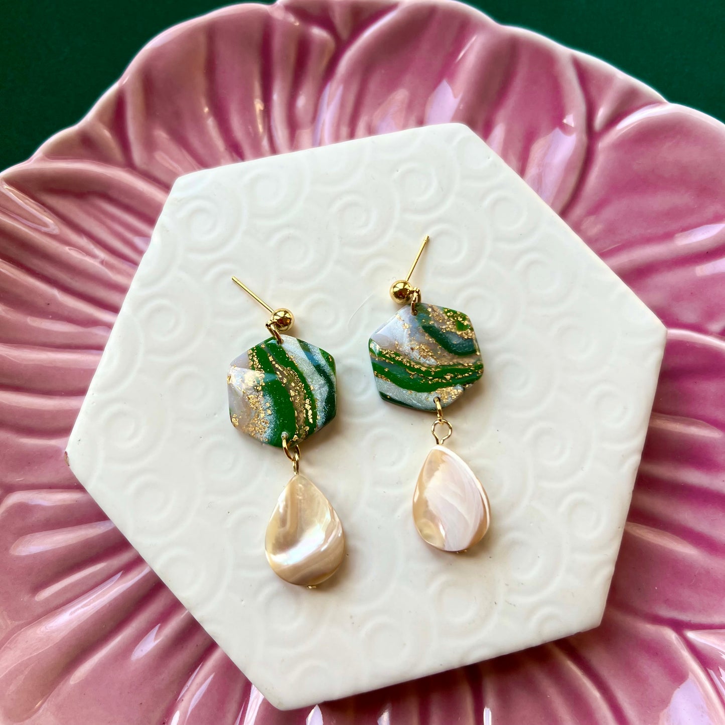 Sophia Pearl and Green Metallic Clay Earring
