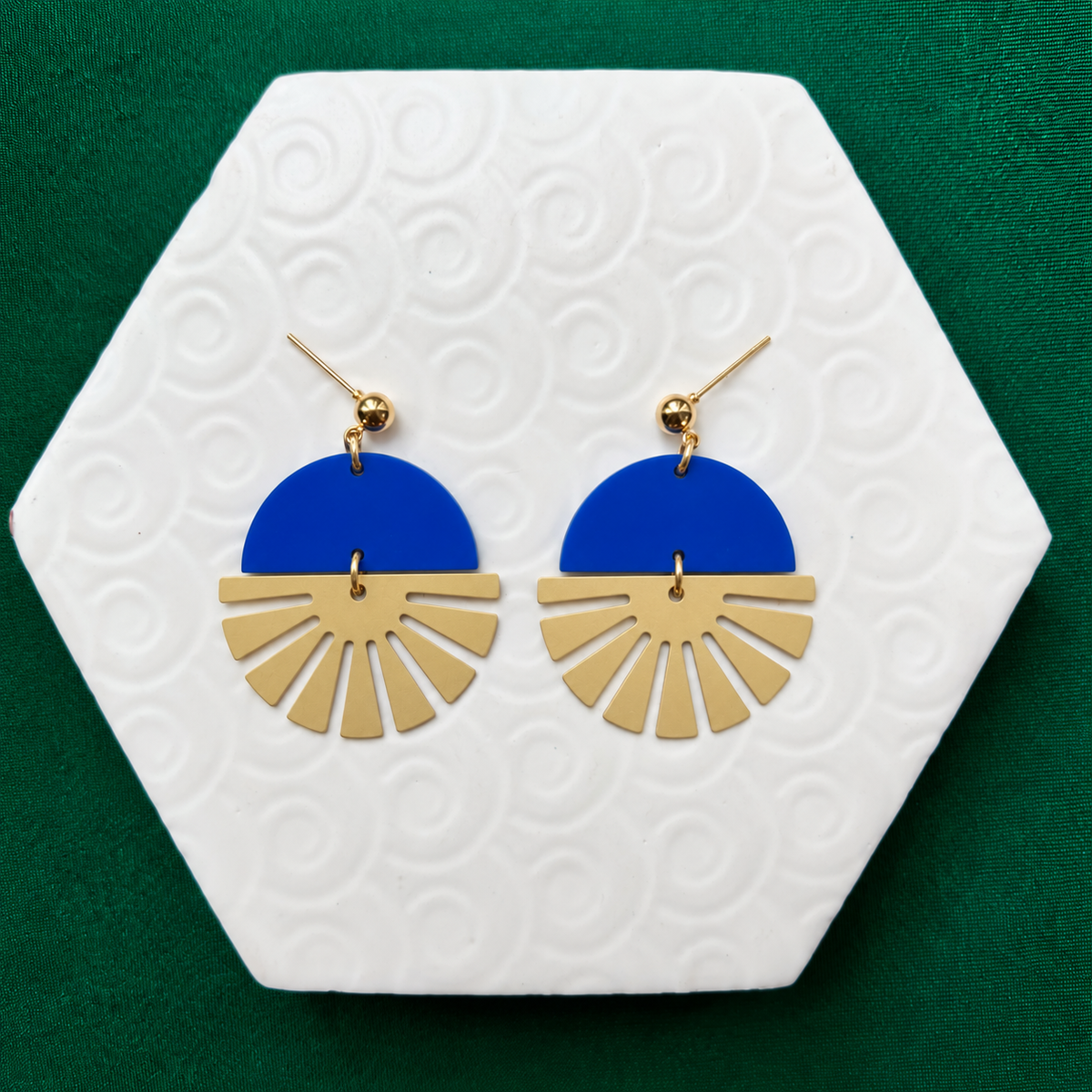 Indie Blue Brass Half Sun Charm Ball Stud Earring