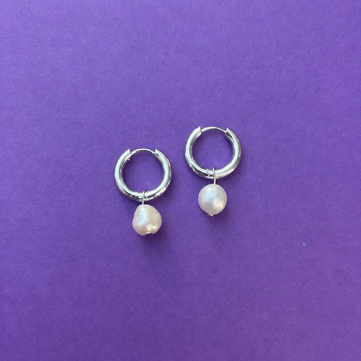 Sienna Silver Steel Huggie Hoops With Pearl