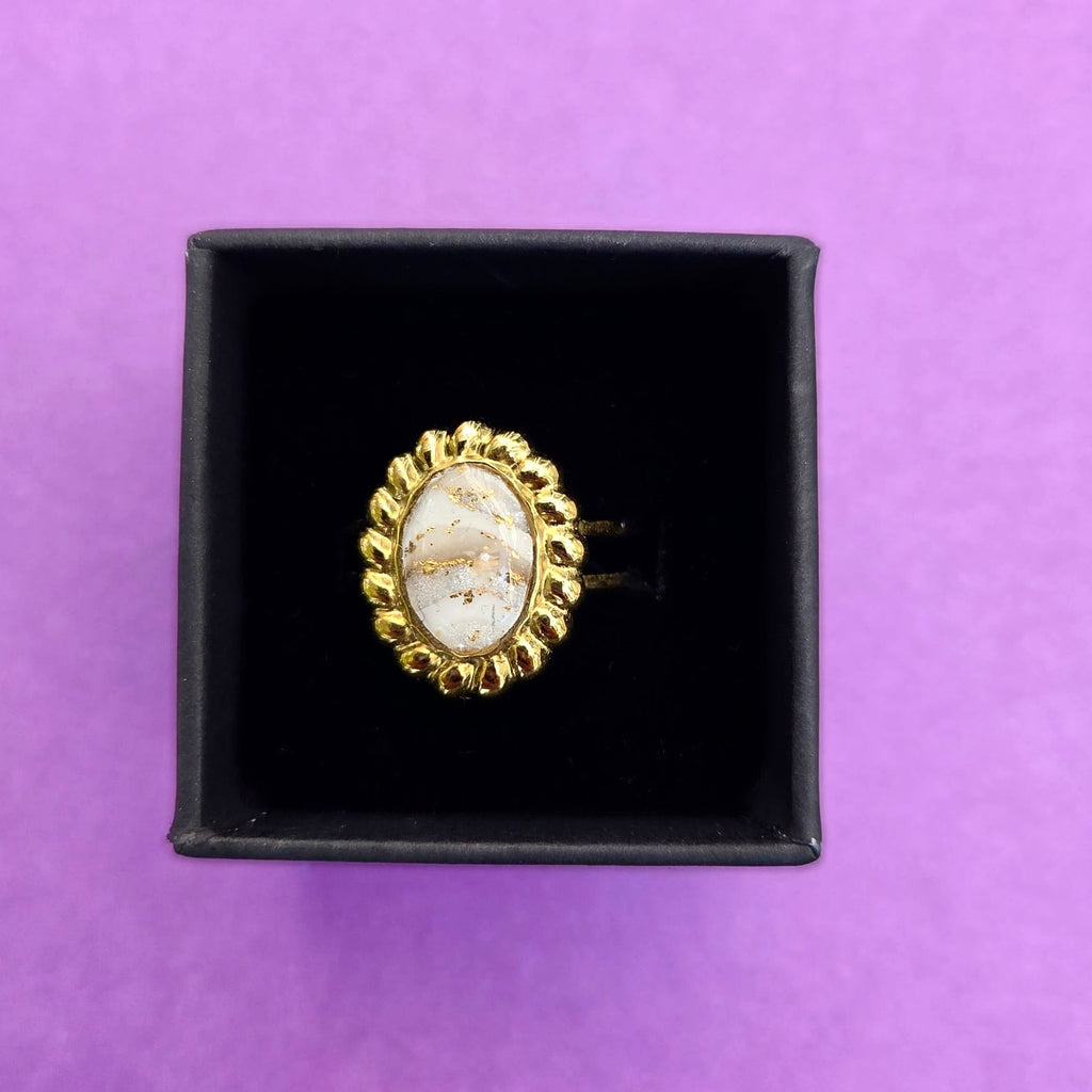 White Faux Stone Detailed Gold Plated Adjustable Ring