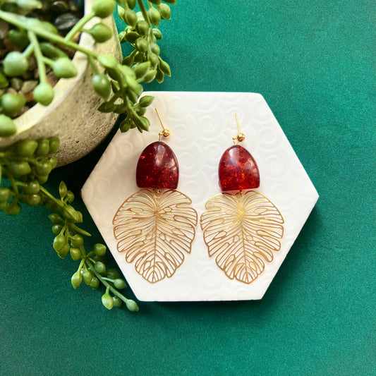 Georgia Amber Bead Large Leaf Ball Stud Earring