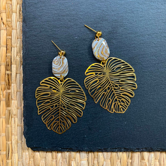 Georgia Gold & White Stone Large Leaf Ball Stud Earring