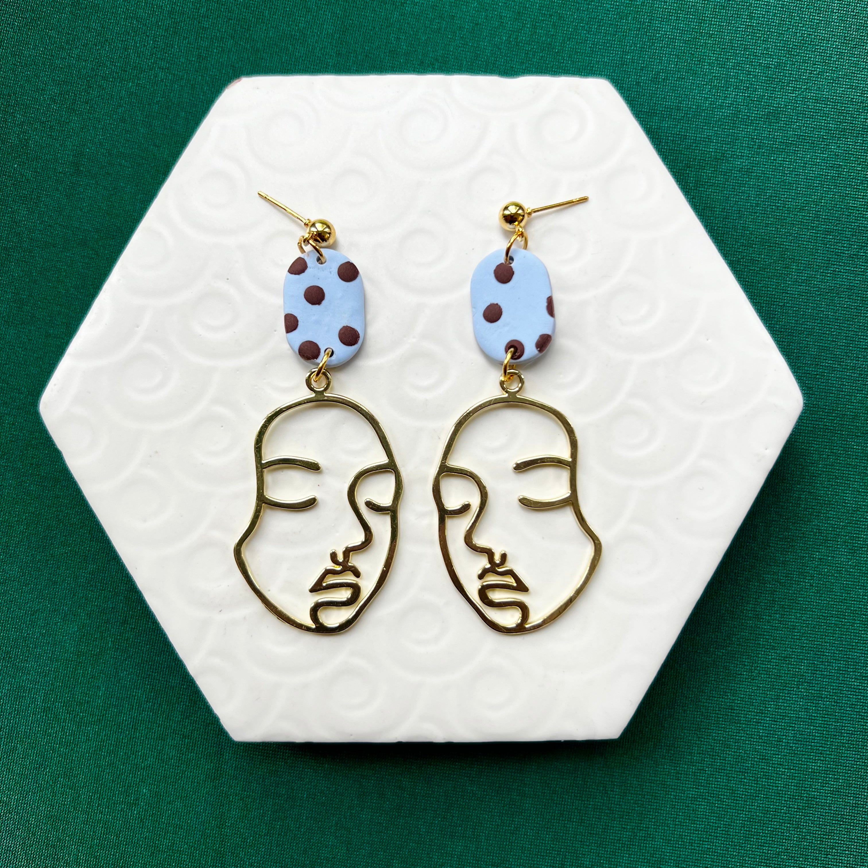 Sasha Blue Polka Dot Gold Face Drop Earring