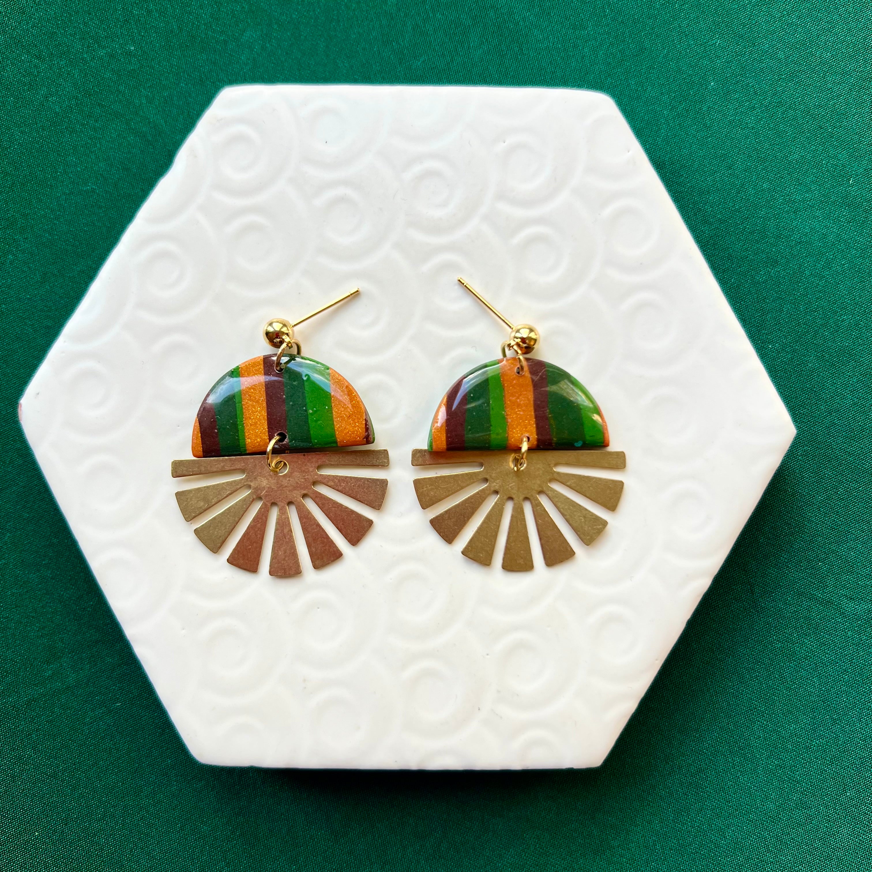 Indie Green Stripe Brass Half Sun Charm Ball Stud Earring