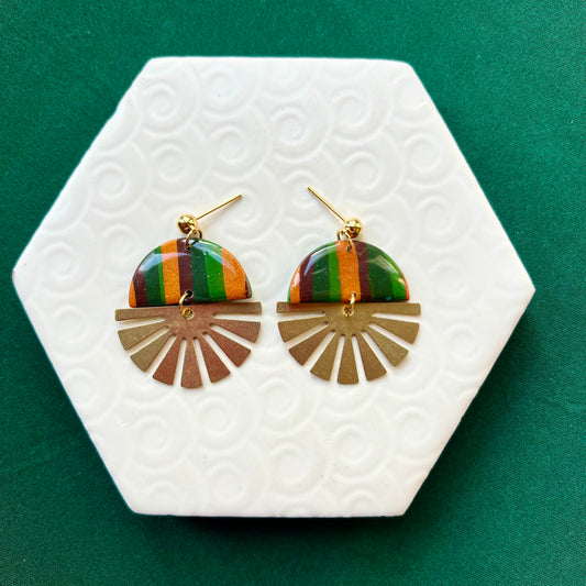 Indie Green Stripe Brass Half Sun Charm Ball Stud Earring