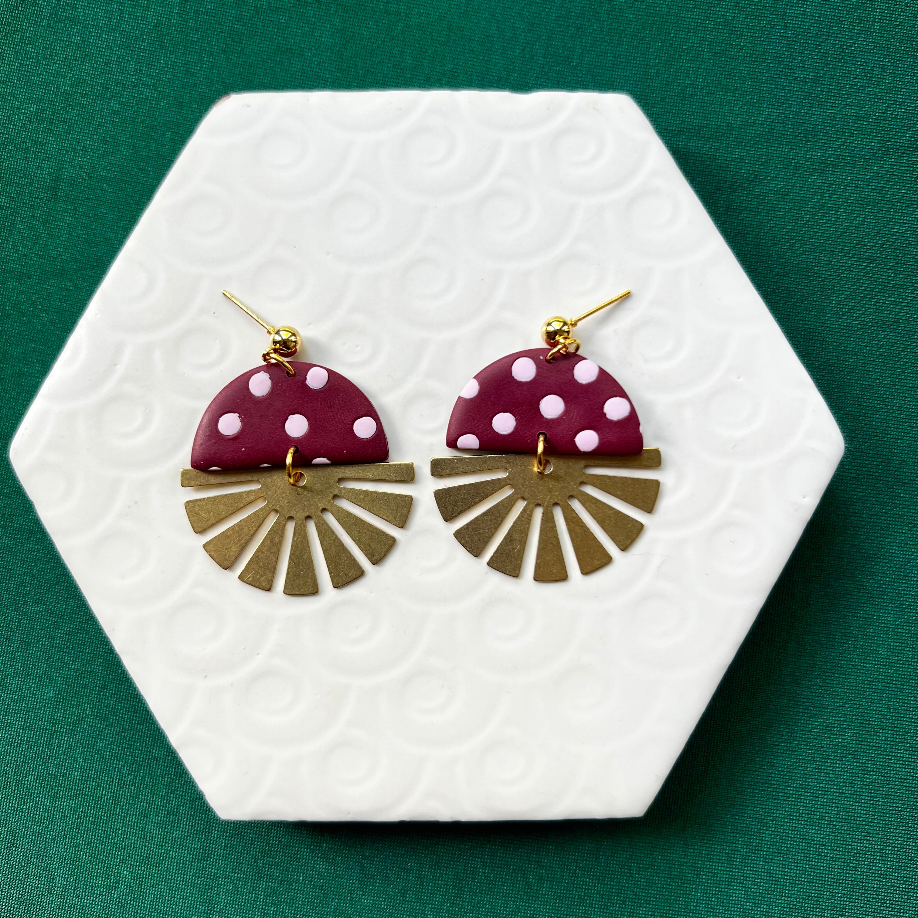 Indie Burgundy Polka Dot Brass Sun Drop Earring