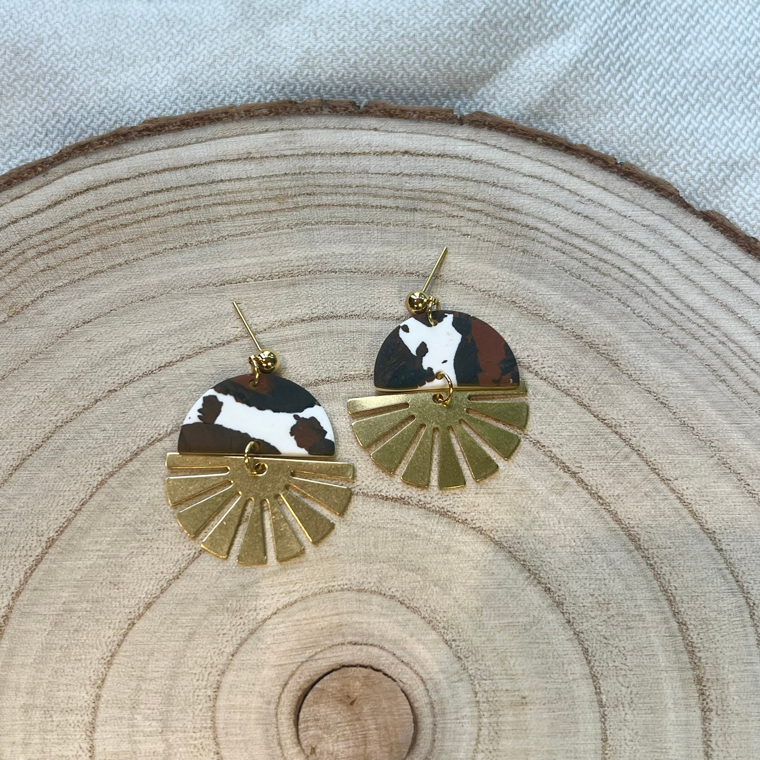 Indie Cow Print Brass Half Sun Charm Ball Stud Earring