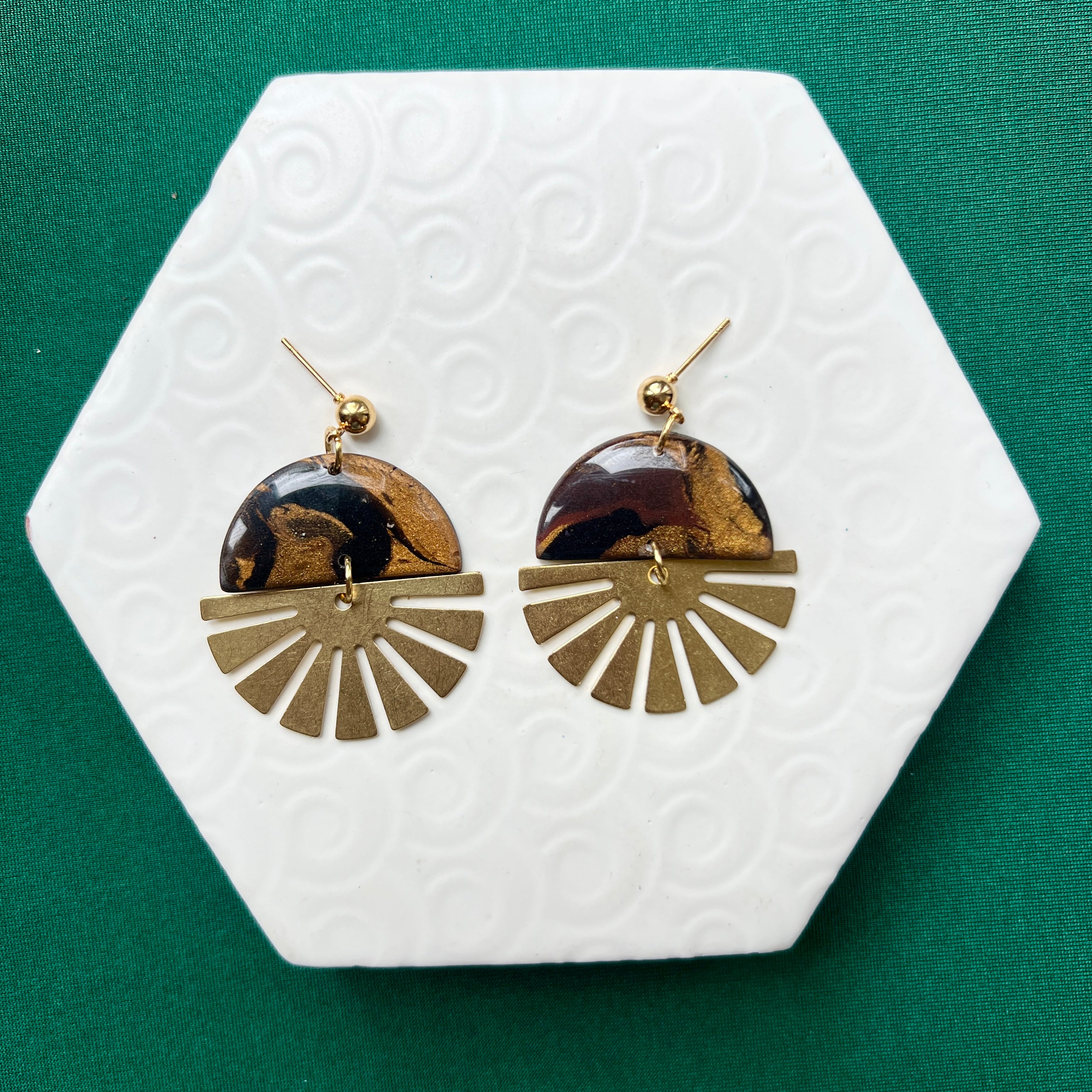 Indie Black Mix Brass Shine Half Sun Charm Ball Stud Earring