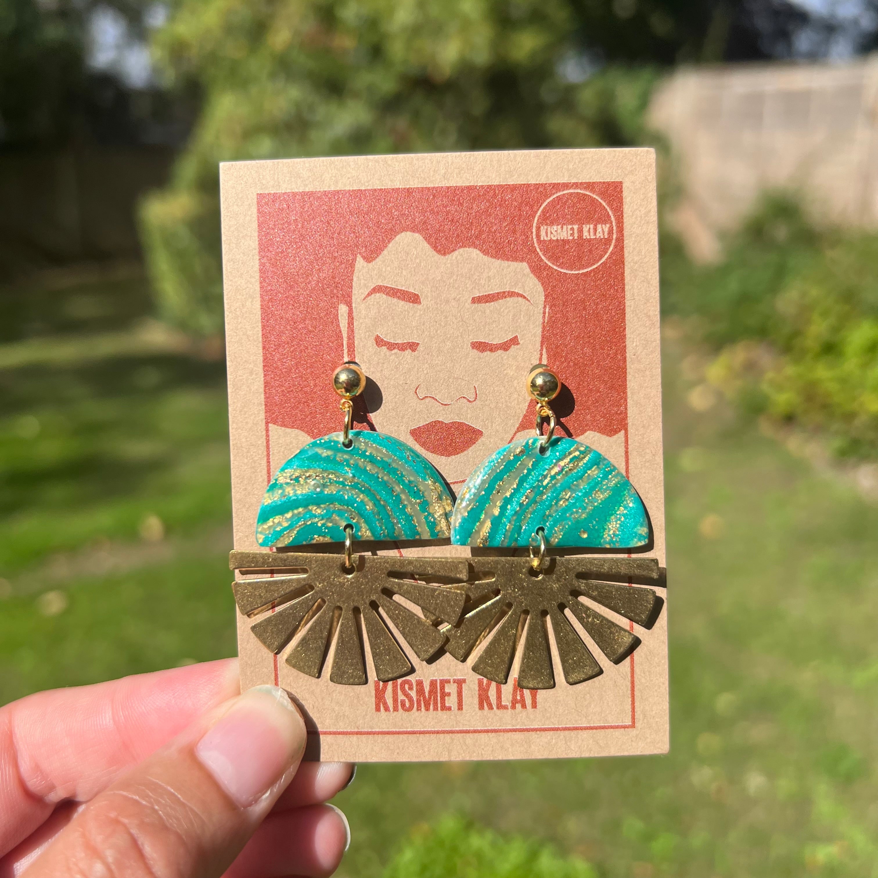 Indie Teal Metallic Brass Half Sun Charm Ball Stud Earring