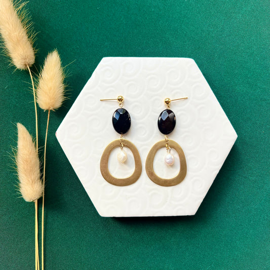 Cleo Black Bead and Pearl with Brass Gold Hoop Earring
