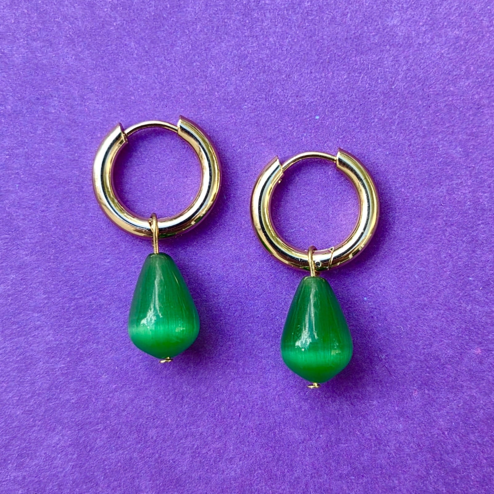 Emerald Drop Gold Plated Huggie Hoops