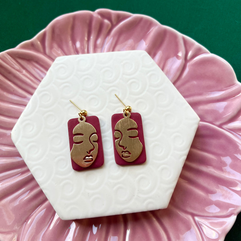 Janine Burgundy Gold Soild Face Charm Ball Stud Earring