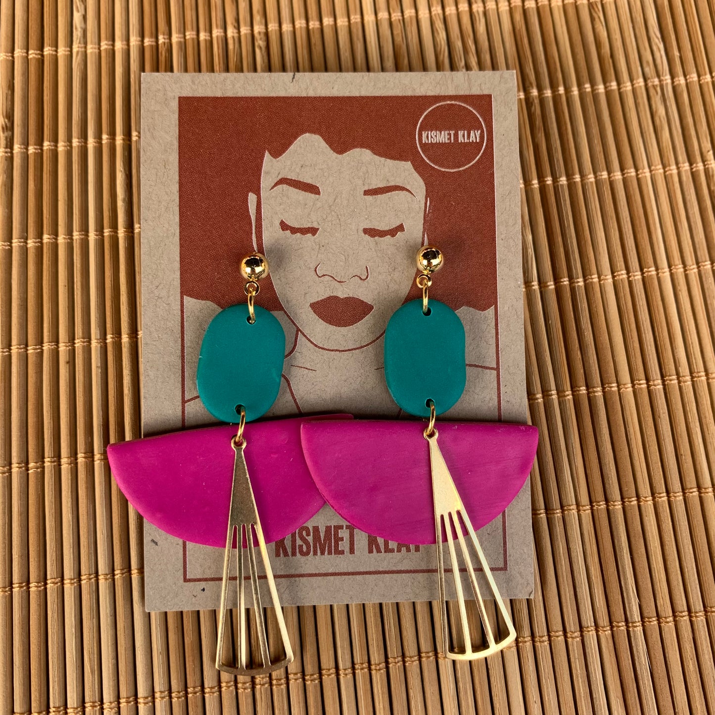 Flame Pink & Teal Art Deco Ball Stud Earring