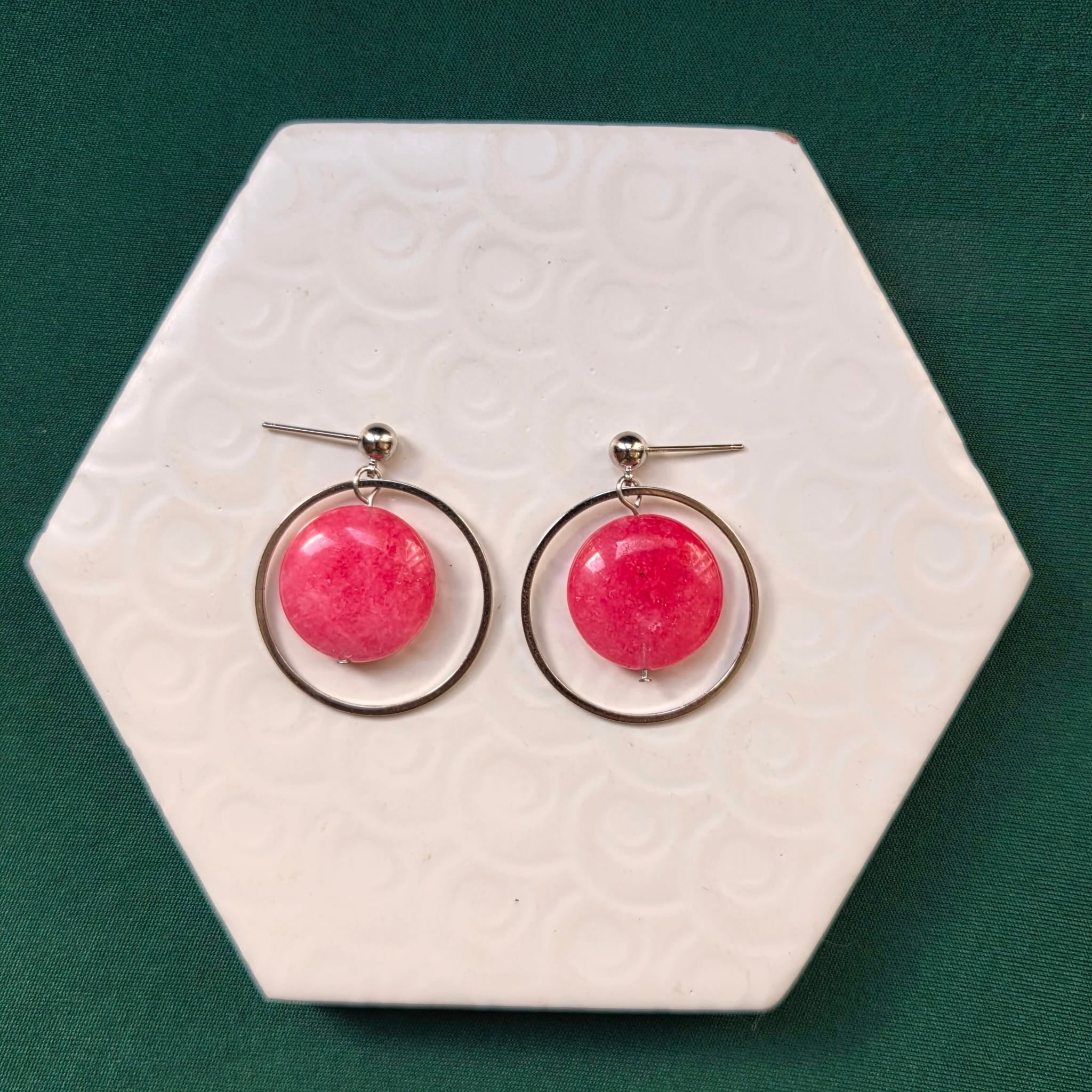 Jessie Pink Bead With Silver Hoop Ball Stud Earring
