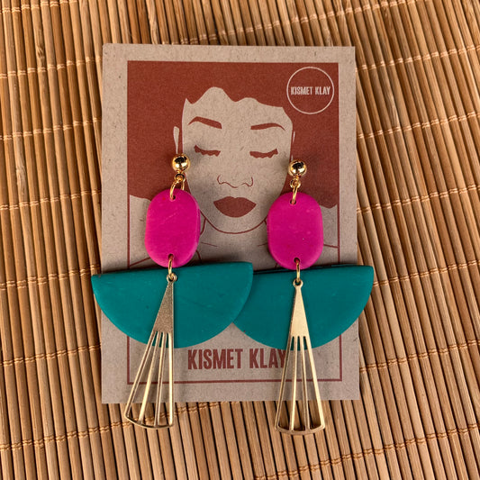 Flame Pink & Teal 2 Art Deco Ball Stud Earring