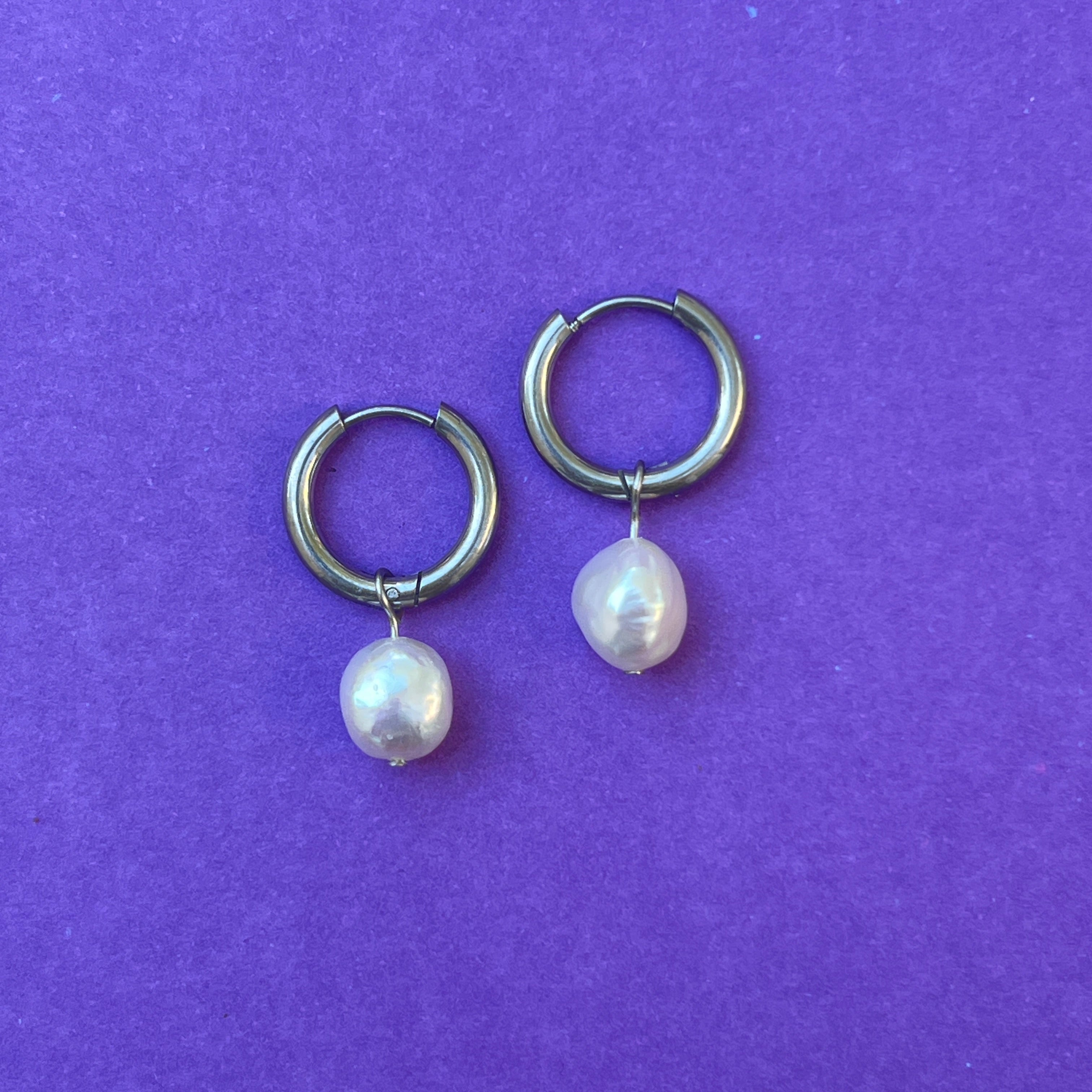 Sienna Silver Steel Huggie Hoops With Pearl