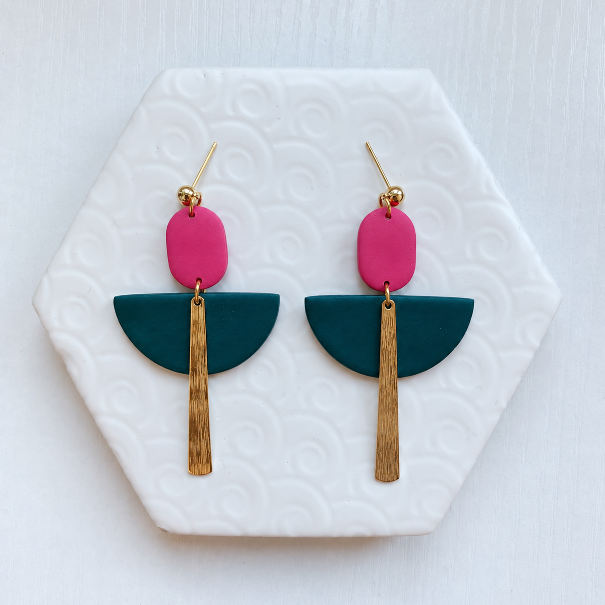 Flame Pink & Bright Teal Art Deco Ball Stud Earring