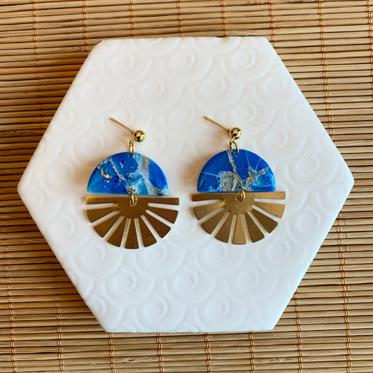 Indie Blue Ocean Brass Half Sun Charm Ball Stud Earring