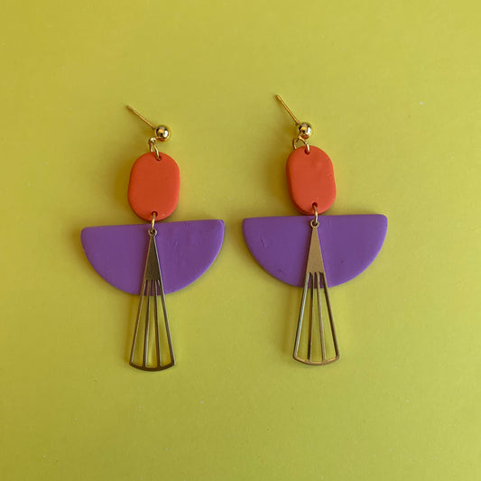 Flame Orange and Lilac Art Deco Ball Stud Earring